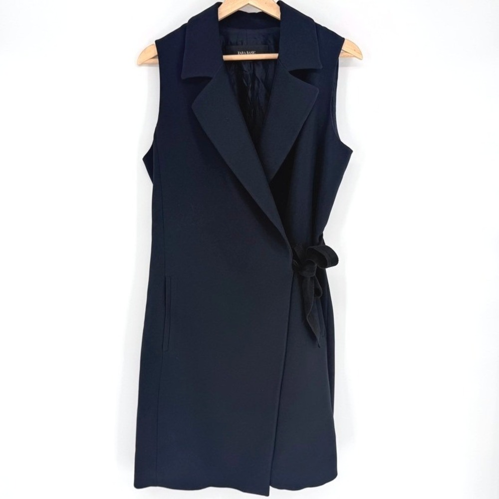 Zara Navy Blue Sleeveless Wrap Blazer Vest Side Tie Longline Dark Academia M